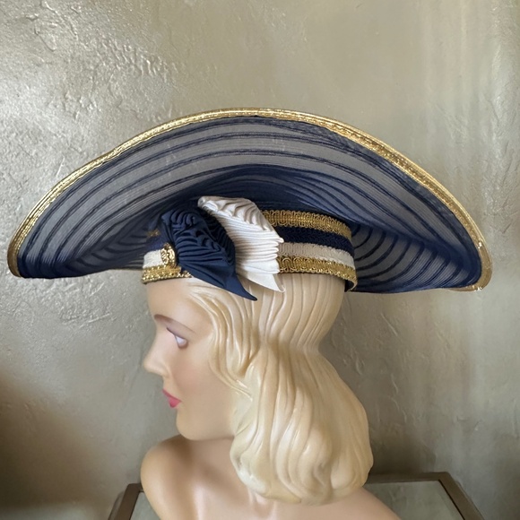 FAMOUS DESIGNER 1970s\' NAVY, WHITE & GOLD WIDE BRIM HAT + NAVY SEQUINS main image 11
